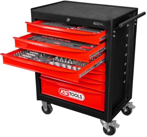 KS Tools ECOline SCHWARZ/ROT Werkstattwagen mit 7 Schubladen und 215 Premium-Werkzeugen