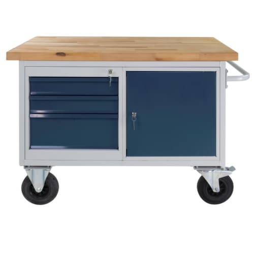 Fahrbare Werkbank, 3 Schubladen, 1 Schrank, 1 Ablageboden, RAL7035 Lichtgrau/RAL7016 Anthrazitgrau