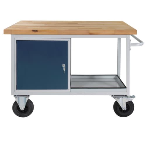 Fahrbare Werkbank, 1 Schrank, 2 Ablageböden, RAL7035 Lichtgrau/RAL7016 Anthrazitgrau