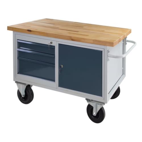 Fahrbare Werkbank, 3 Schubladen, 1 Schrank, 1 Ablageboden, RAL7035 Lichtgrau/RAL7016 Anthrazitgrau