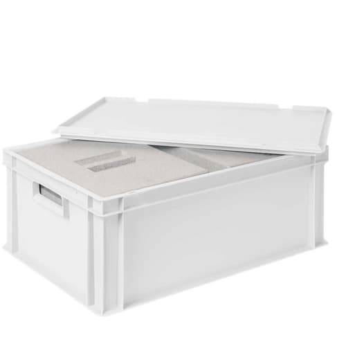 Euronorm-Stapelbehälter mit 2 Isolierboxen, weiß, Inhalt 44,5 l, Auflagedeckel für Isolierbox