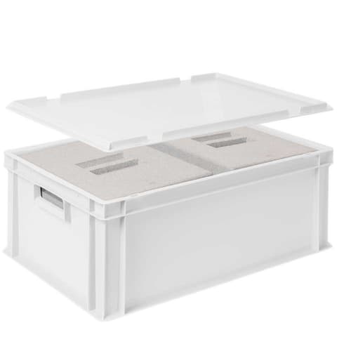 Euronorm-Stapelbehälter mit 2 Isolierboxen, weiß, Inhalt 44,5 l, Auflagedeckel für Isolierbox