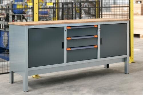 Thurmetall Werkbank EcoBlox 3D mit Multiplexplatte, 3 Schubladen, 2 Schränke, grau/RAL7016 Anthrazitgrau