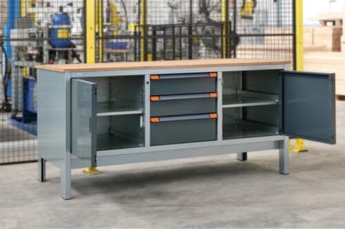 Thurmetall Werkbank EcoBlox 3D mit Multiplexplatte, 3 Schubladen, 2 Schränke, grau/RAL7016 Anthrazitgrau