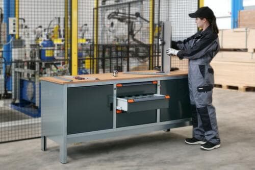 Thurmetall Werkbank EcoBlox 3D mit Multiplexplatte, 3 Schubladen, 2 Schränke, grau/RAL7016 Anthrazitgrau