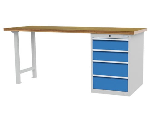 Bedrunka + Hirth Werkbank mit Containergestell, 4 Schubladen, 1 Schrank, RAL7035 Lichtgrau/RAL5012 Lichtblau