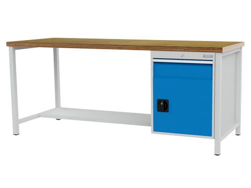 Bedrunka + Hirth Werkbank mit Buche-Multiplexplatte, 1 Schublade, 1 Schrank, 1/2 Ablageboden, RAL7035 Lichtgrau/RAL5012 Lichtblau