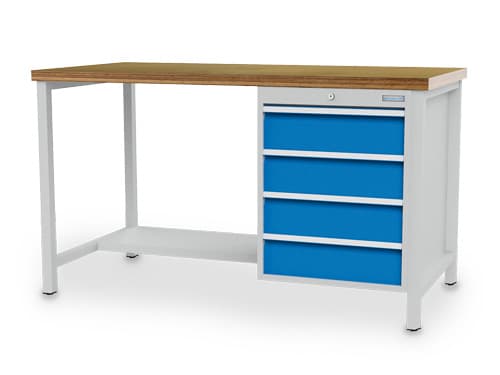 Bedrunka + Hirth Werkbank mit Buche-Multiplexplatte, 4 Schubladen, 1/2 Ablageboden, RAL7035 Lichtgrau/RAL5012 Lichtblau