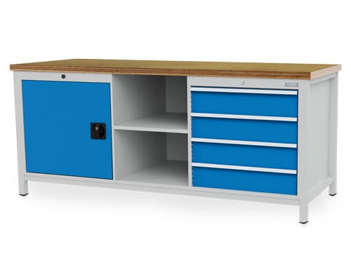 Bedrunka + Hirth Werkbank mit Rückwand, 4 Schubladen, 1 Schrank, 2 Ablageböden, RAL7035 Lichtgrau/RAL5012 Lichtblau