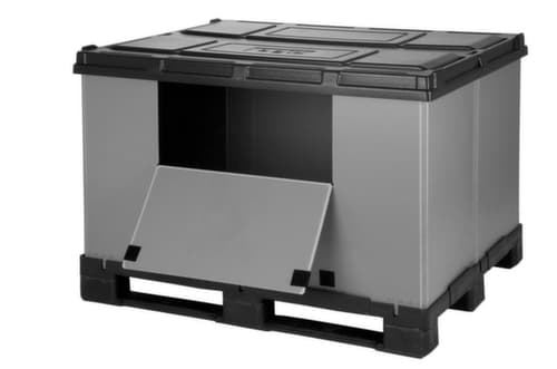 Paletten-Faltbox mit Ladeklappe, Auflast 1000 kg, 3 Kufen, Länge x Breite 1000 x 1200 mm