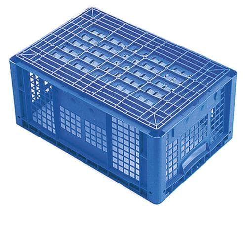 Euronorm-Stapelbehälter Wände + Boden durchbrochen, blau, Inhalt 20 l, Zweiteiliger Scharnierdeckel