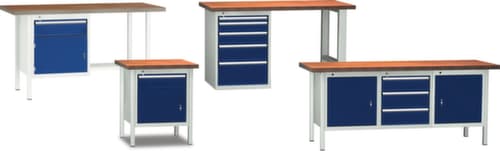 KLW Lutz Werkbank in RAL7035/5010, 3 Schubladen, 2 Schränke, RAL7035 Lichtgrau/RAL5010 Enzianblau