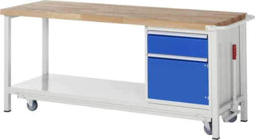 RAU Werkbank Serie 8000 mit absenkbarem Fahrgestell, 1 Schublade, 1 Schrank, 1 Ablageboden, 1 Schiebebügel, RAL7035 Lichtgrau/RAL5010 Enzianblau
