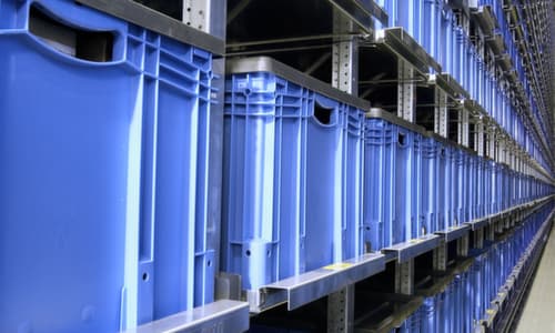 Großvolumiger Euronorm-Stapelbehälter, blau, Inhalt 43 l, Scharnierdeckel