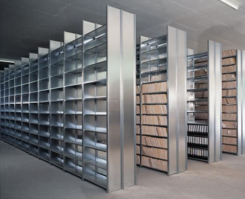 hofe Akten-Steckregal Anbaufeld zur beidseitigen Nutzung, 6 Böden, RAL3000 Feuerrot / RAL9006 Weißaluminium