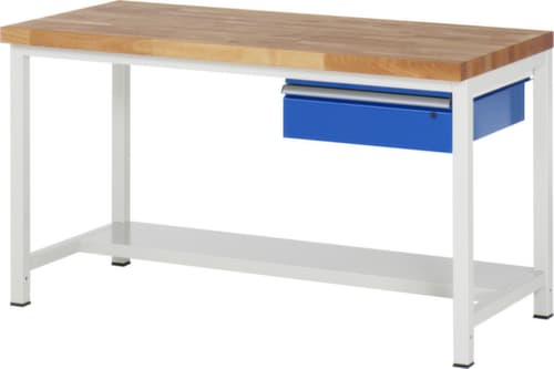 RAU Höhenverstellbare Werkbank Serie 8000, 1 Schublade, 1/2 Ablageboden, RAL7035 Lichtgrau/RAL5010 Enzianblau