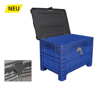 Großbehälter mit abschließbarem Scharnierdeckel, Inhalt 354 l, blau, 4 Füße